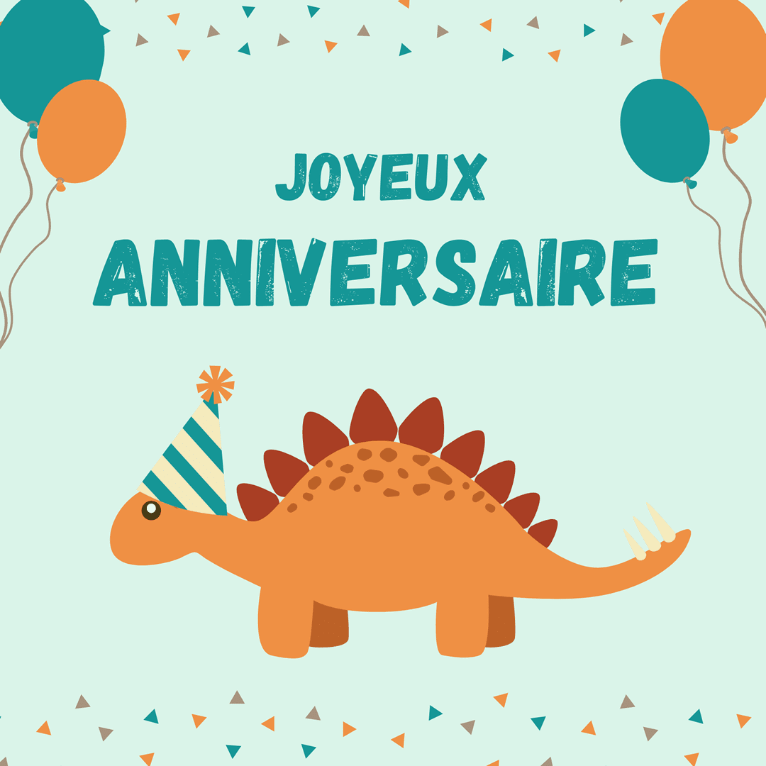 Dinosaure avec un chapeau de fête, ballons et 'Joyeux Anniversaire'
