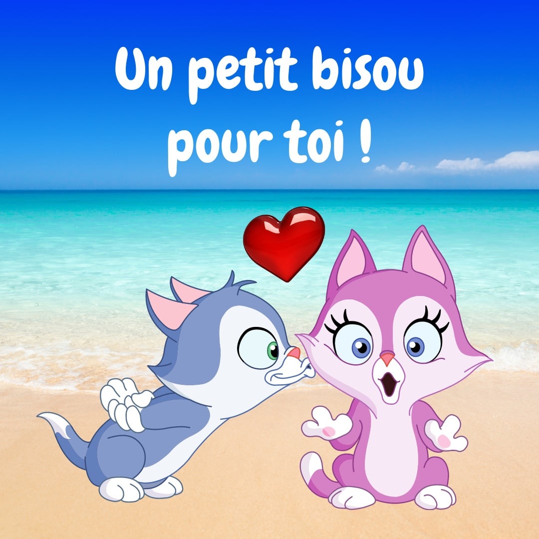 bisou surprise entre chats de dessin animé à la plage, avec texte : un petit bisou pour toi
