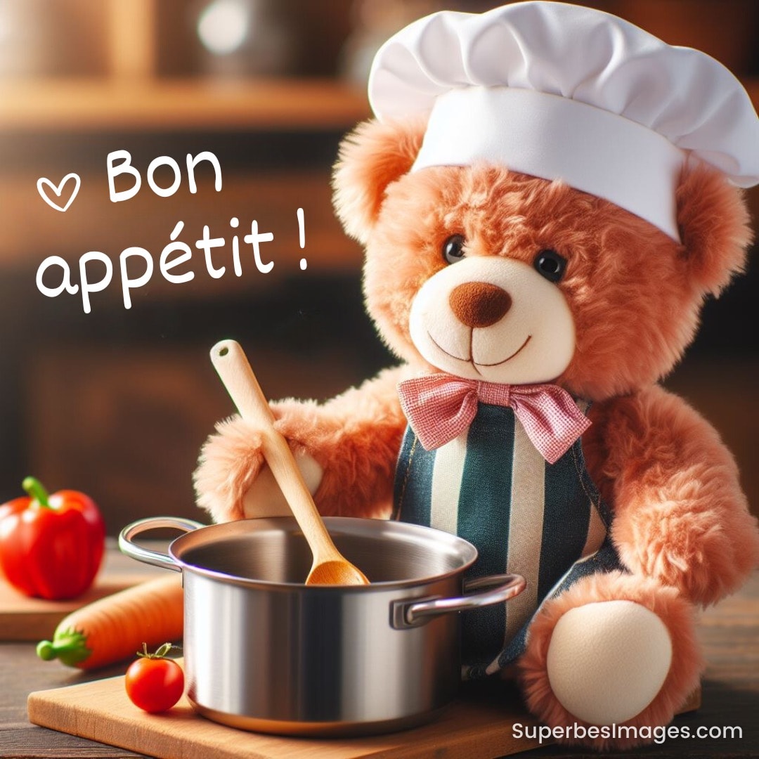 Un ours en peluche chef cuisinier avec un pot et légumes, souhaitant 'Bon appétit!'