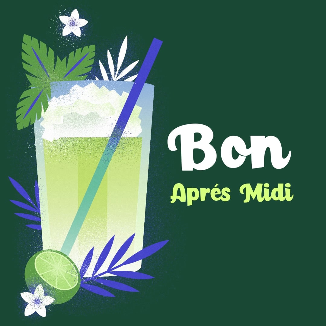 illustration d'une boisson tropicale au citron vert et texte : bon après midi