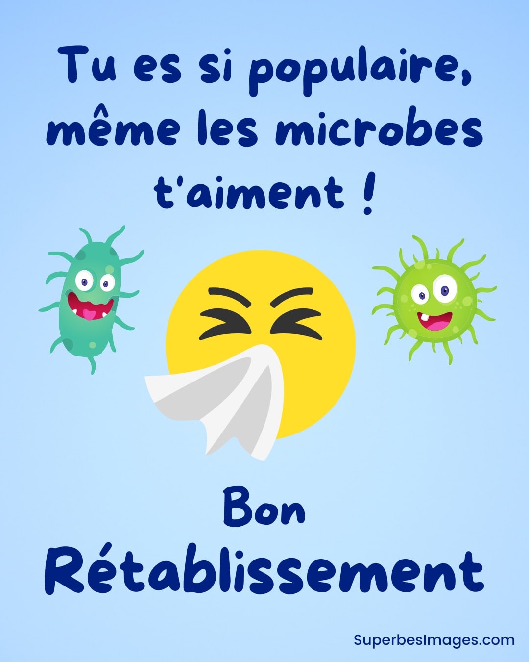 microbes drôles de dessin animé avec emoji éternuant et message de bon rétablissement