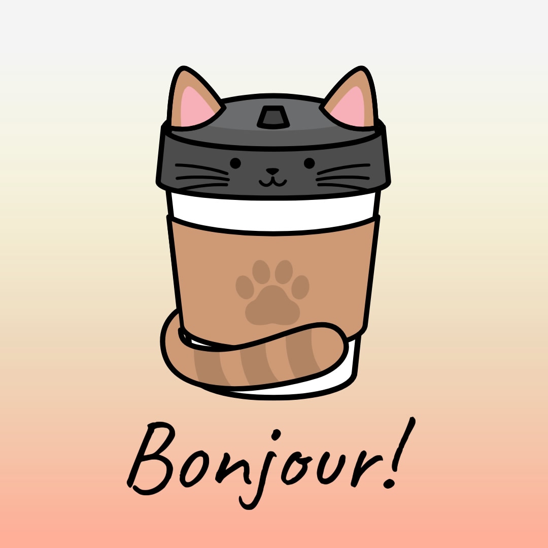 illustration d'une tasse de café de chat avec le mot : bonjour