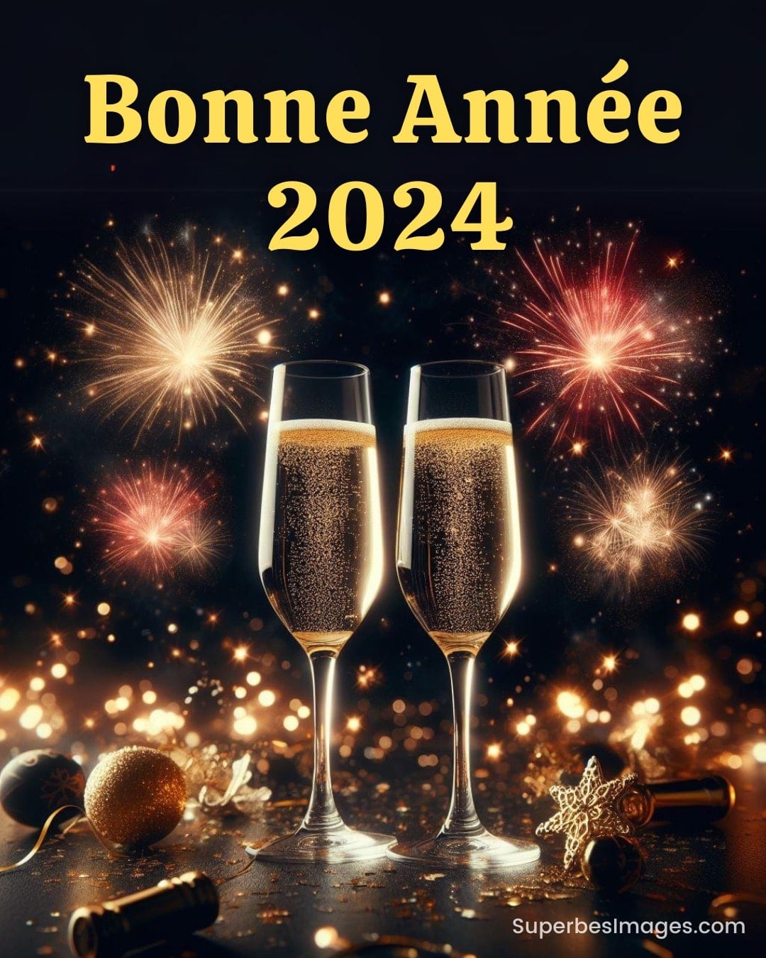 Célébration avec feux d'artifice et champagne pour souhaiter la Bonne Année 2024