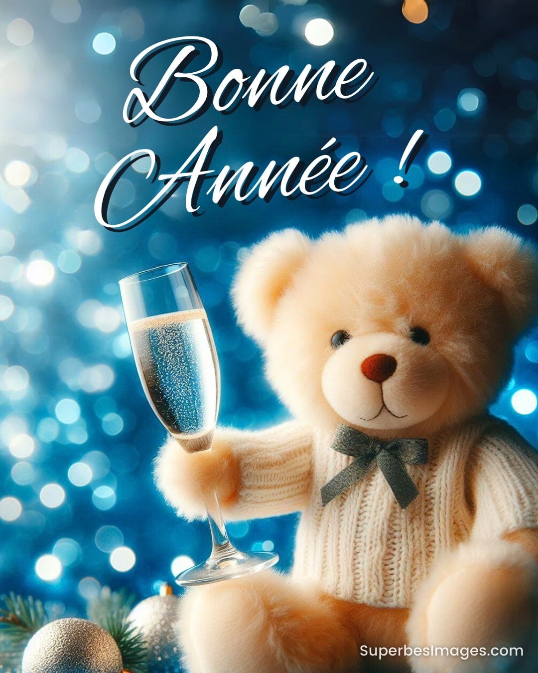 Un ours en peluche tient une coupe de champagne, arrière-plan festif bleu, texte 'Bonne Année'