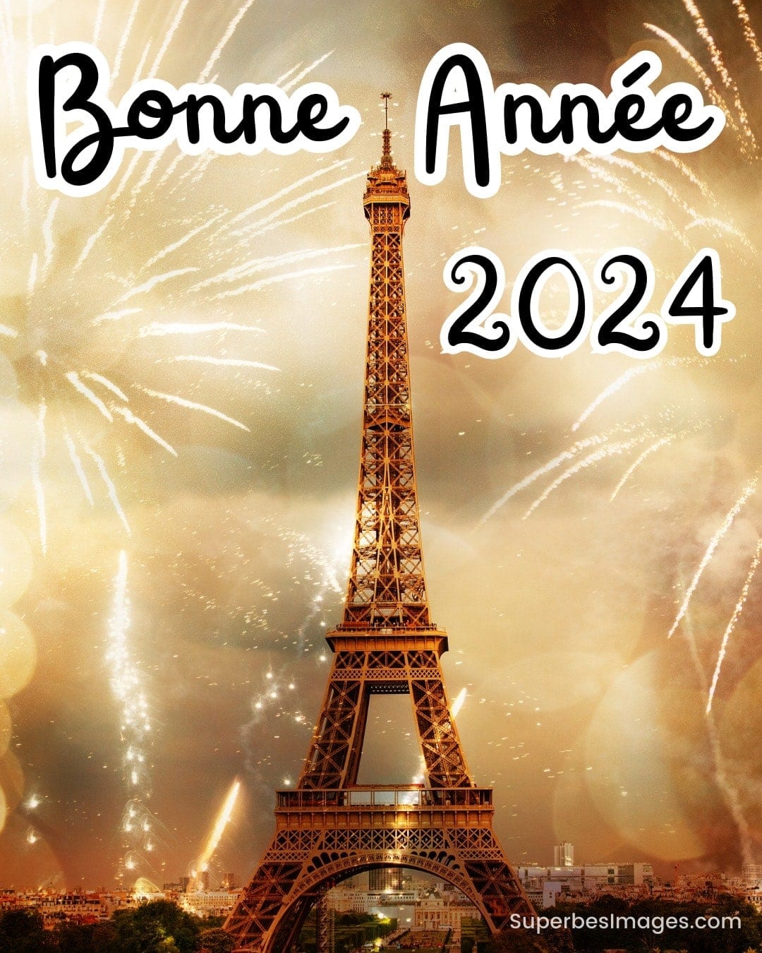 Tour Eiffel illuminée, feux d'artifice, vœux 'Bonne Année 2024'.
