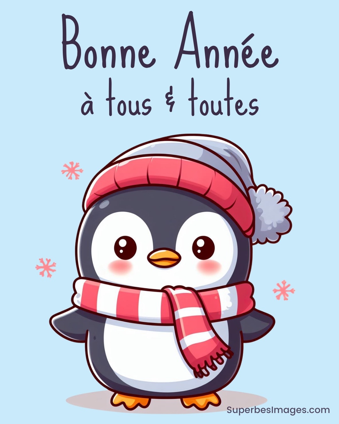 Un pingouin mignon avec bonnet et écharpe souhaite une 'Bonne Année'