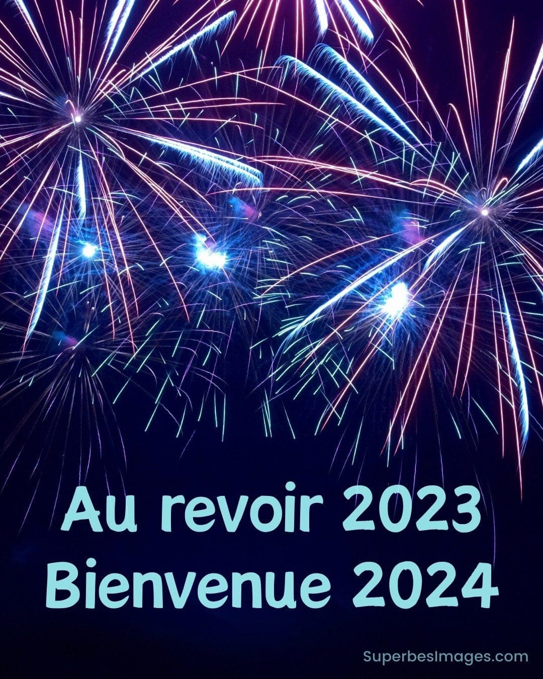 Feux d'artifice colorés célébrant le Nouvel An avec le texte 'Au revoir 2023 Bienvenue 2024'