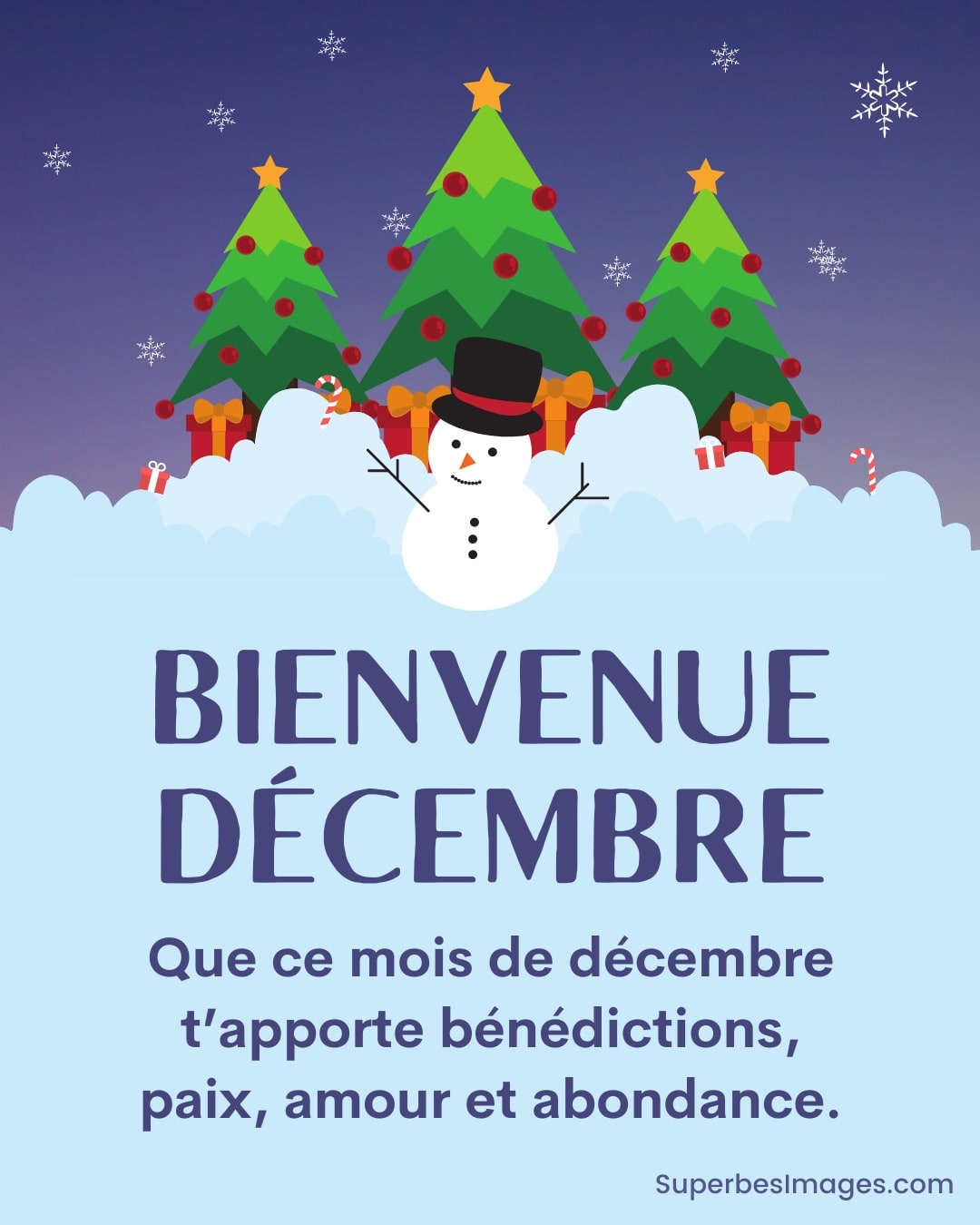 illustration de bonhomme de neige et d'arbres de noël la nuit, avec texte de bienvenue en décembre