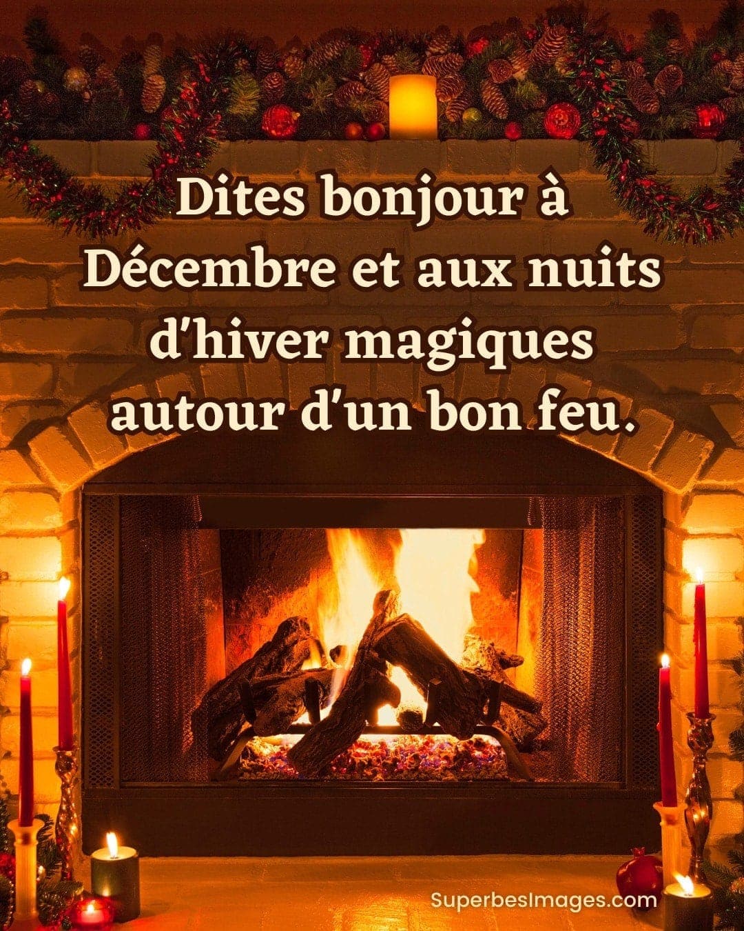 cheminée chaleureuse avec texte bonjour décembre