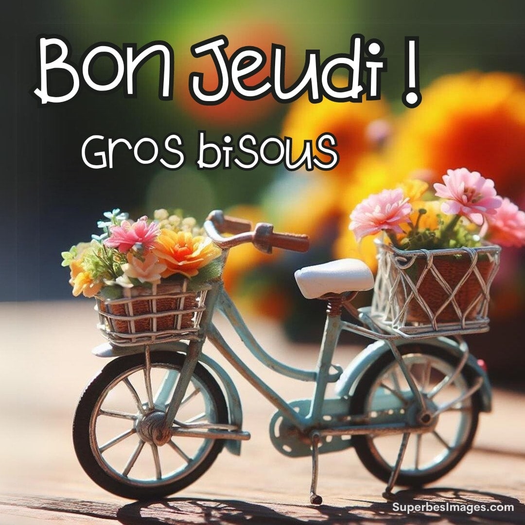 Vélo miniature avec fleurs et vœux pour jeudi