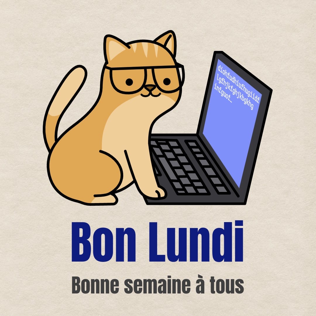 illustration d'un chat travaillant sur ordinateur, avec texte : bon lundi, bonne semaine à tous