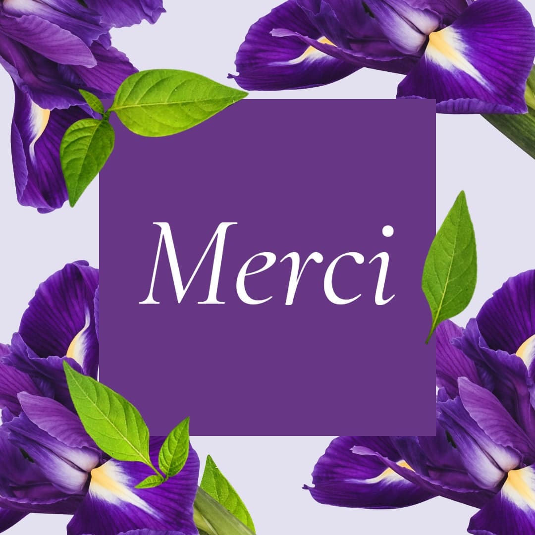 fleurs violettes avec le mot : merci