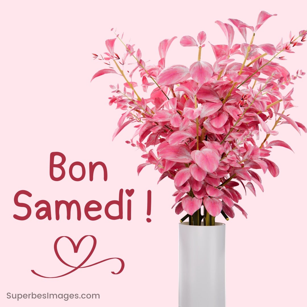 Bouquet de feuilles roses dans un vase blanc, texte « Bon Samedi ! » avec un cœur dessiné en dessous