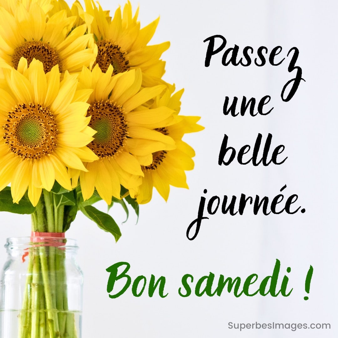Bouquet de tournesols jaunes dans un vase en verre, texte : « Passez une belle journée. Bon samedi ! »