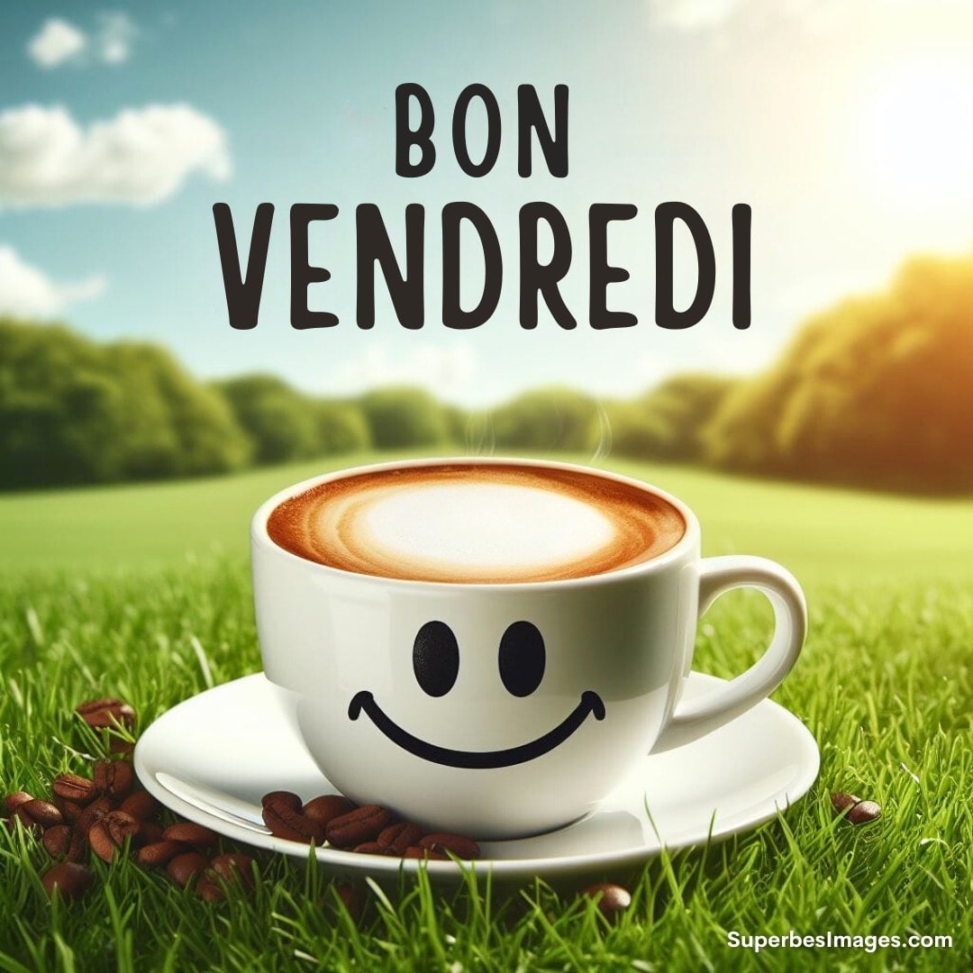 Tasse de café souriante sur herbe avec 'Bon Vendredi' et ciel bleu
